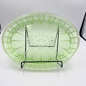 Jeanette Doric Green Depression Uranium Glass 12" Oval Platter Vtg 1930s Glows
